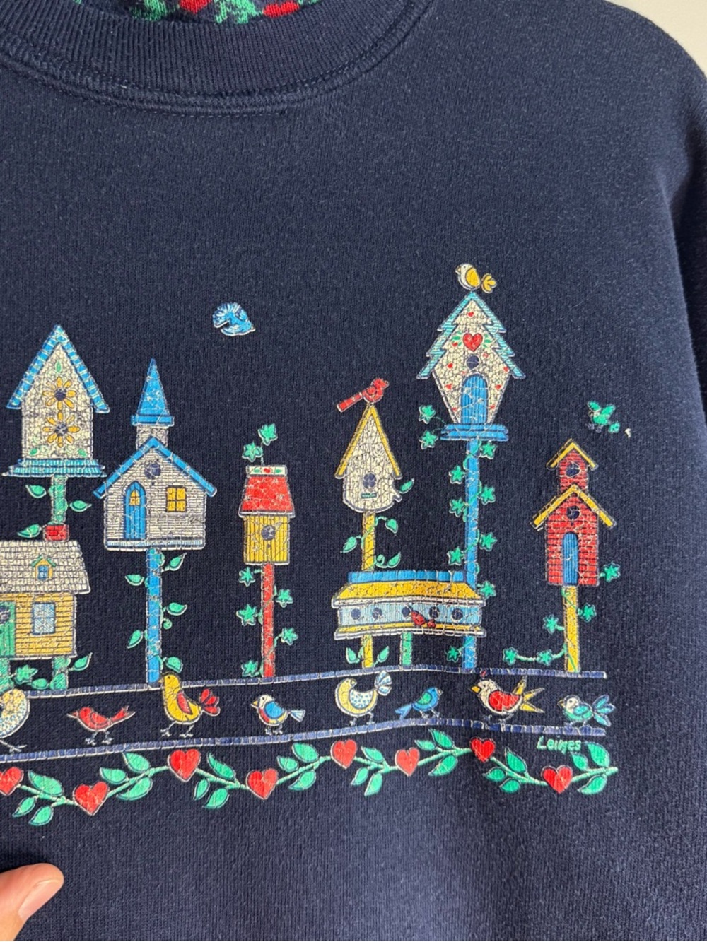 Vintage Morning Sun Birdhouse Sweatshirt Navy Mock Neck USA Womens L Bird Print - Picture 4 of 6